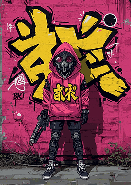 Cyberpunk Character with Graffiti Background