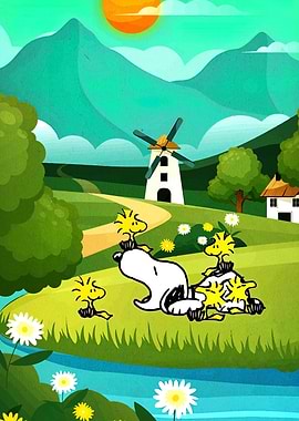 Snoopy and Woodstock in a landscape