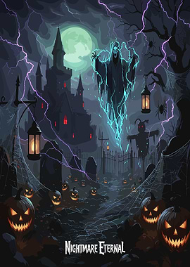 Halloween Graveyard with Ghost and Castle