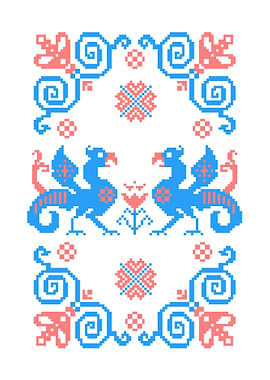 Pixelated Griffin and Floral Pattern