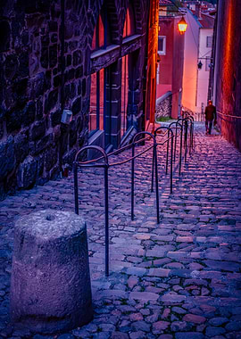 Cobblestone Street at Night