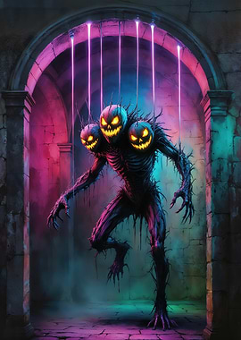 Three-Headed Pumpkin Monster in Stone Archway