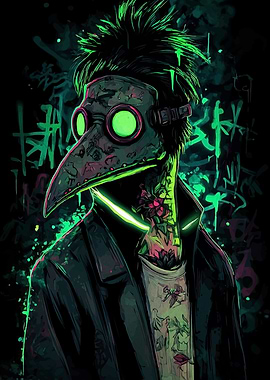 Neon Plague Doctor with Graffiti Background
