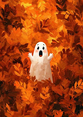 Cute Ghost in Autumn Leaves