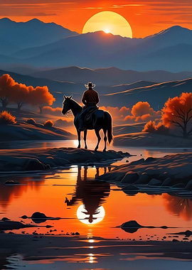 Cowboy on Horse at Sunset