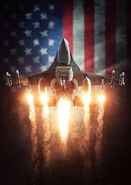 Fighter Jet with American Flag Backdrop