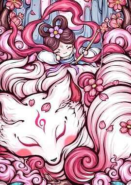 Girl Fox Spirit Flowers