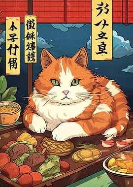 Japanese Cat with Food