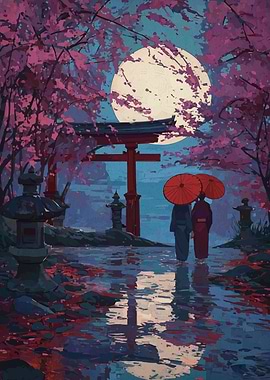 Japanese Garden with Cherry Blossoms and Moon