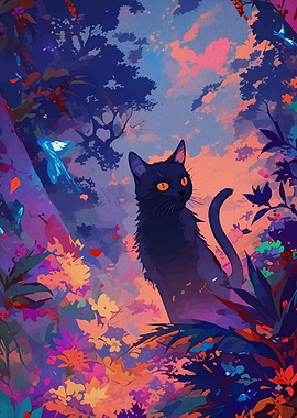 Black Cat in Colorful Forest