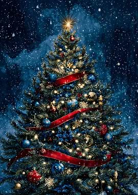 Festive Christmas Tree with Decorations, Snowy Night