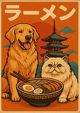 Ramen with golden retriever and a Persian cat. Illustration