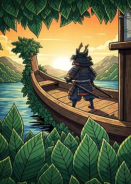 Samurai Cat Boat Sunset