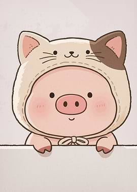 Cute Piglet Wearing Cat Hat