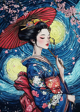 Geisha in Starry Night Style