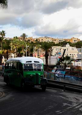 Vintage Green Bus in Coastal Setting