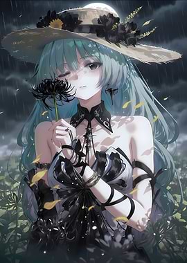 Girl with Black Flower in Rain