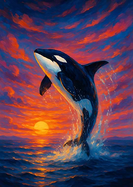 Orca breaching at sunset painting