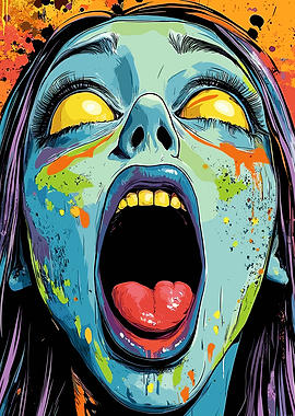 Screaming Woman with Colorful Paint Splatters