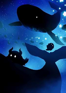 Whale and Creatures in Starry Sky