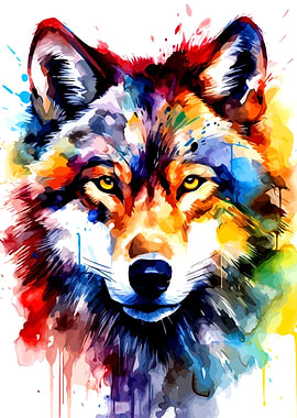 Colorful Watercolor Wolf Portrait