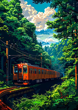Orange Train Through Lush Green Forest