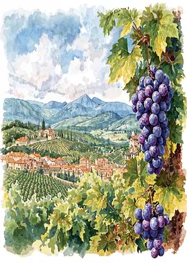 Watercolor Vineyard Landscape with Grapes