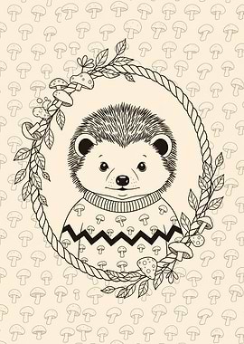Hedgehog Cameo Art in Forest Mushroom Frame