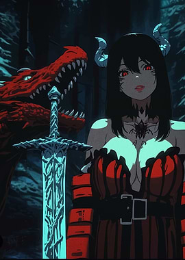 Anime Demon Girl with Dragon and Sword