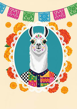 Day of the Dead Llama in Patchwork Shirt