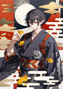 Anime character in kimono with ginkgo leaf