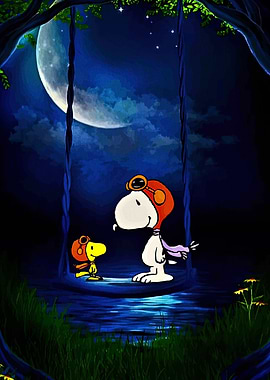 Snoopy and Woodstock under the Moon