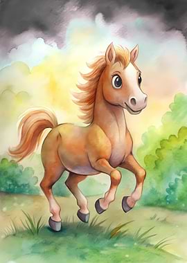 Cartoon Horse Watercolor Illustration
