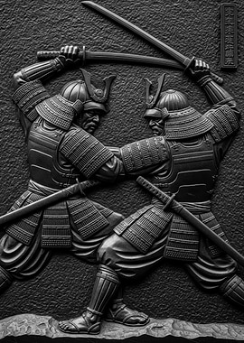 Samurai Duel Black and White Relief