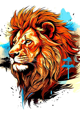 Lion Portrait with Watercolor Style Trees