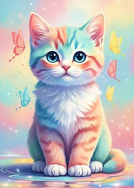 Pastel Cat with Butterflies
