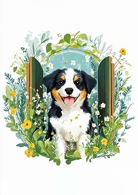 Happy Dog in Floral Garden Gate
