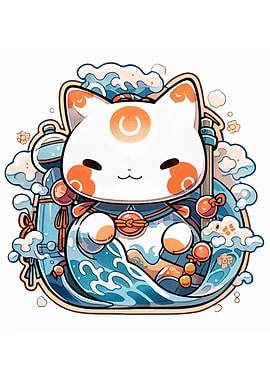 Cute Maneki Neko with Waves