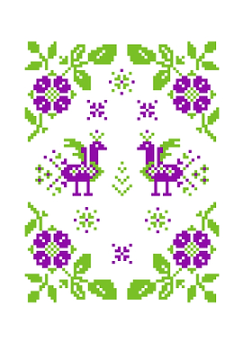 Pixelated Floral and Bird Pattern