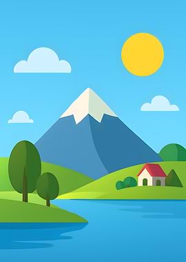 Cartoon Landscape with Mountain and Lake