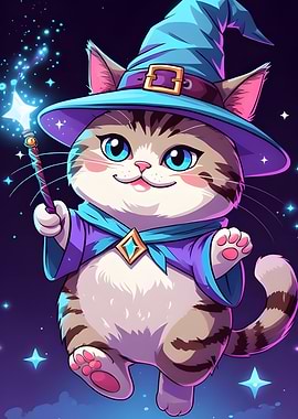 Cartoon Cat Wizard with Magic Wand