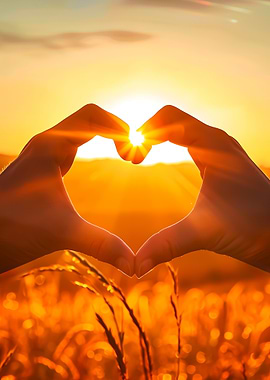 Hands forming heart around sunset