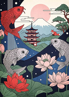 Japanese Landscape Koi Fox