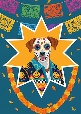Day of the Dead Dog Portrait - Smiling Spirit in Papel Picado Parade