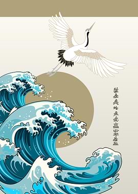 Crane and Waves Japanese Art