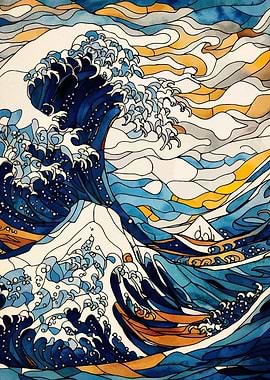 Great Wave Stained Glass Style Art