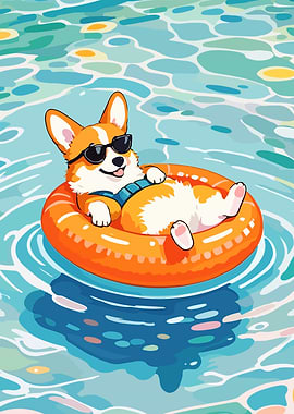 Corgi dog relaxing in pool