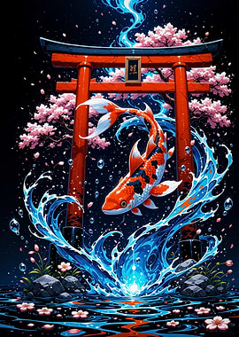 Koi Fish and Torii Gate Japan Cherry Blossom Sakura