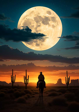 Cowboy on Horseback Under Full Moon
