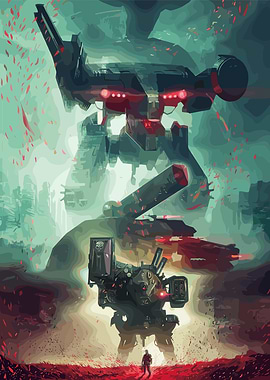 Futuristic Military Robot Landscape Illustration